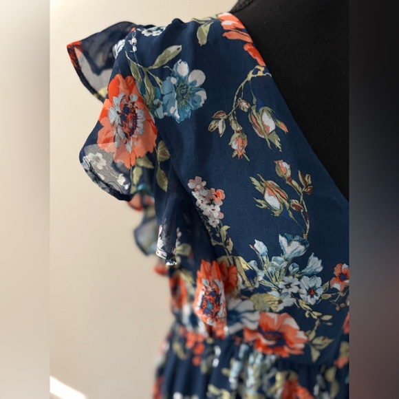Navy Floral Maxi Dress Flutter Sleeve V Neck Smocked Waist Ruffle Hem - Picture 7 of 12
